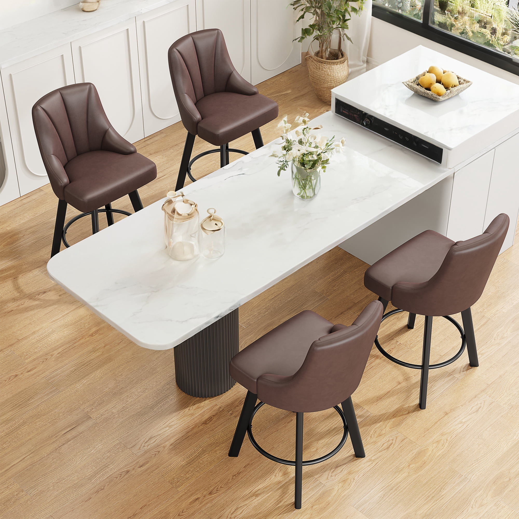 LainTene 24" Counter Height Swivel Bar Stools Set of 6, PU Leather Upholstered Counter Barstools with Solid Wood Legs and Backs for Kitchen Island, Home Bar