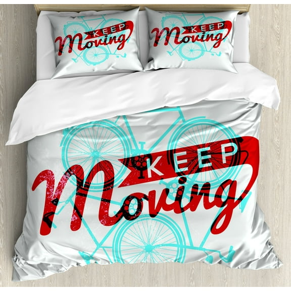 Retro Duvet Cover Set, Keep It Moving Phrase Hipster Lifestyle Bicycle Grunge Display, Decorative 3 Piece Bedding Set with 2 Pillow Shams, Queen Size, Sky Blue Red Coconut, by Ambesonne