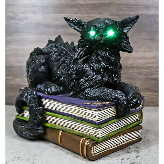 Witching Hour Mystical Black Cat With LED Eyes On Witchcraft Books Figurine