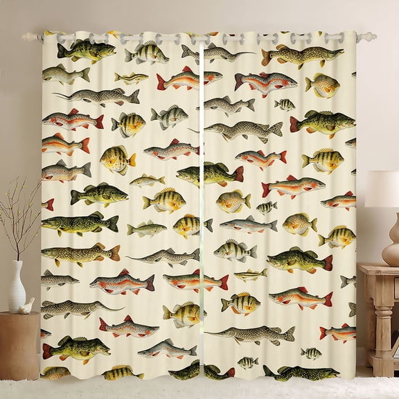 Manfei Hippie Freshwater Fish Blackout Curtains, Wildlife Window Curtains Pack of 2 (38x45 Each), Cream