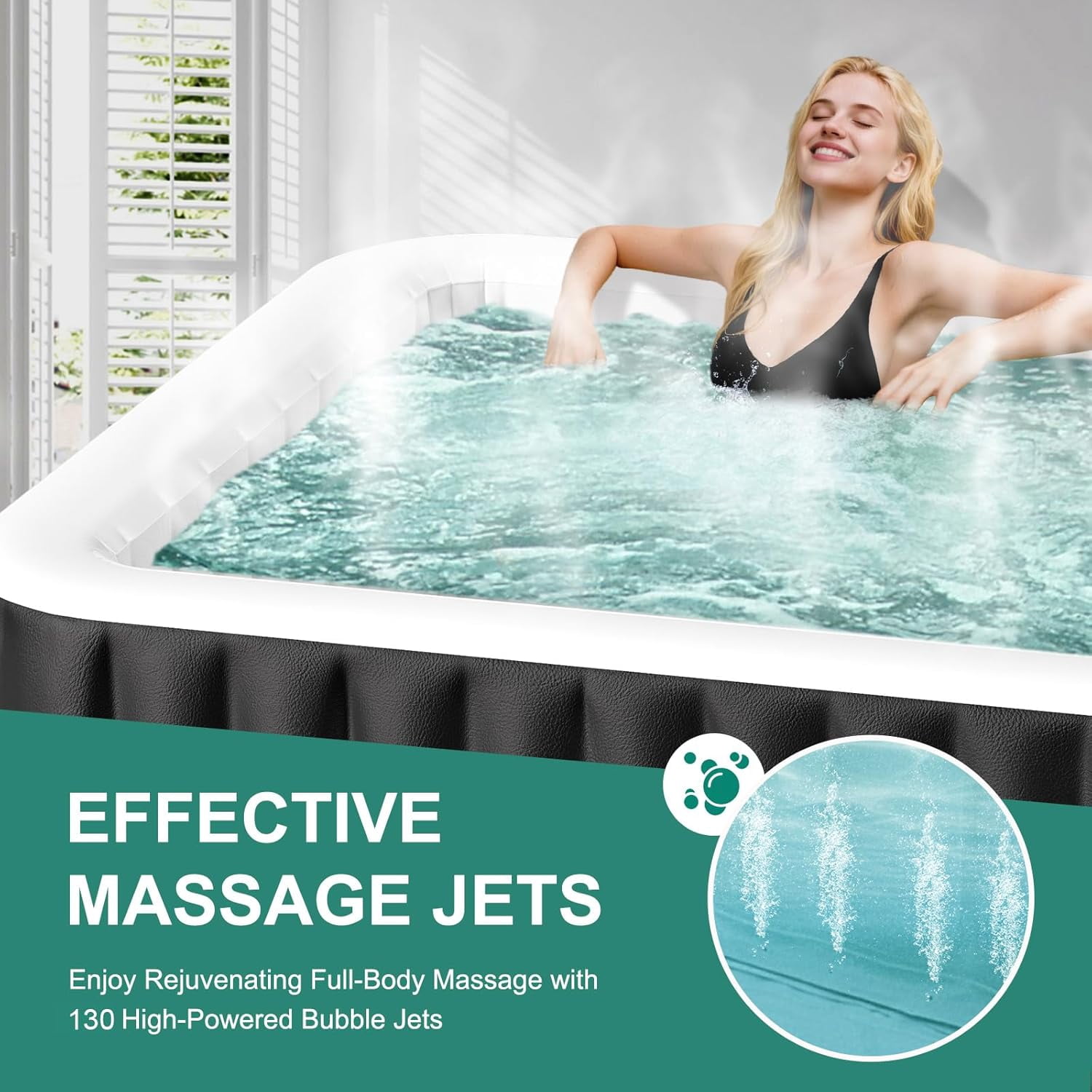 MOPHOTO 4-6 Person Inflatable Hot Tub, Large Square Portable Blow up Hot Tub, Leak-Proof PVC Outdoor Spa with 130 Air Jets, Insulated Cover and Heater Pump(73"*73"*25")