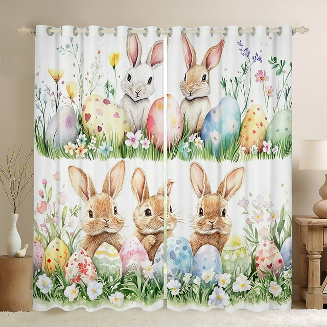 Erosebridal Rideaux de Lapin de Pâques Lot de 2 (52x84), Œufs 30 %-50 % Rideaux Occultants, Décoration de Fleurs de Dessin Animé