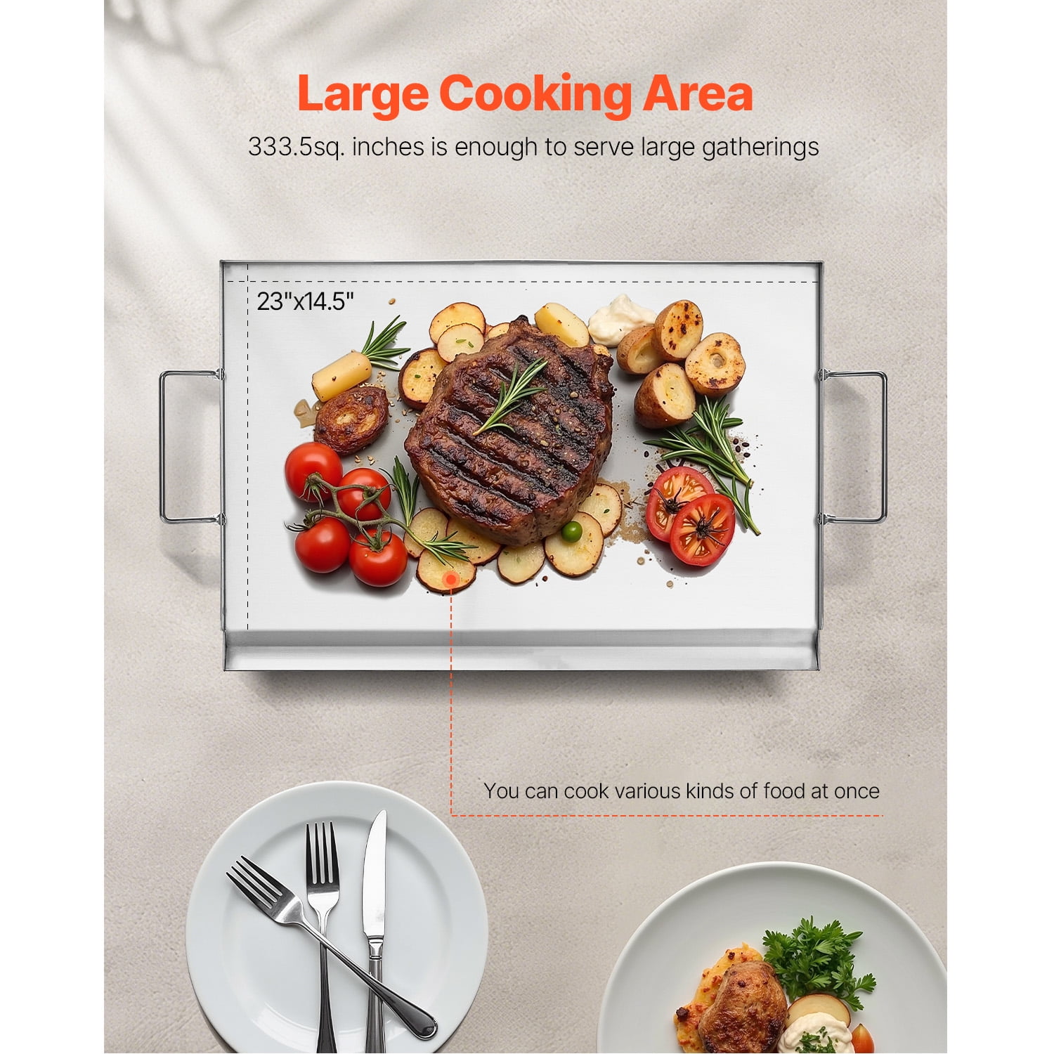 KFFKFF Griddle in Stainless Steel, Dimensions 23x16 inch, Flat Rectangular Plate, Suitable for BBQ Grill, Teppanyaki, Compact and Portable Cookware with Handle, Ideal for Camping