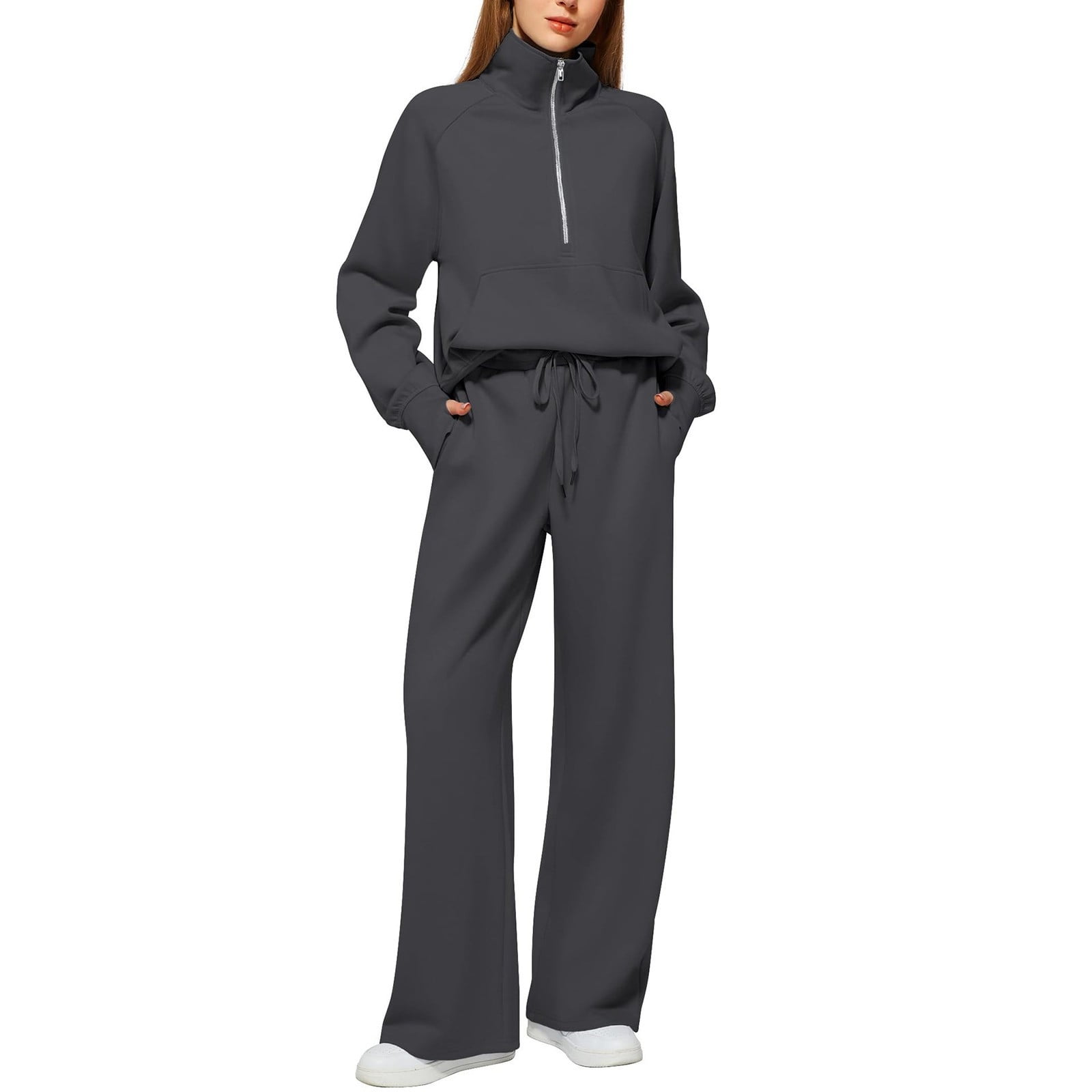 Women's Fall Matching Set - Half Zip Sweatshirt & Wide Leg Sweatpants - Casual Oversized Outfit S-XXL
