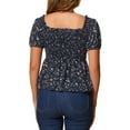 thumbnail image 3 of INSPIRE CHIC Women's Peplum Top Short Sleeves Sweetheart Neck Shirred Floral Blouse XS Dark Blue, 3 of 6