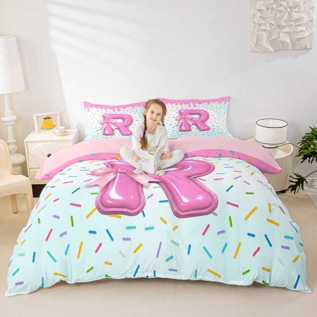 Erosebridal Housse de Couette R Monogrammée Grand Lit, Ensembles de Literie Nœud Mignon Format Grand Lit, Housse de Couette Dessert Colorée Grand Lit, Microfibre Décorative pour la Chambre Réversible, 3 Pcs (Sans Couette)