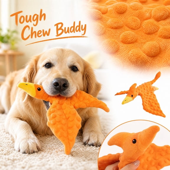 Orange Pterodactyl Dog Toys, Durable Squeaky Plush Dinosaur Chew Toys, Interactive Textured Fetch Toys for Small Medium Large Dogs, Puppy Oral and Play Accessory 16 Inch