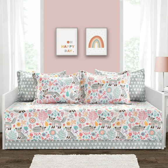 Lush Decor Pixie Fox Animal Polyester Non-Standard Daybed with 6-Pc Set Gray/Pink