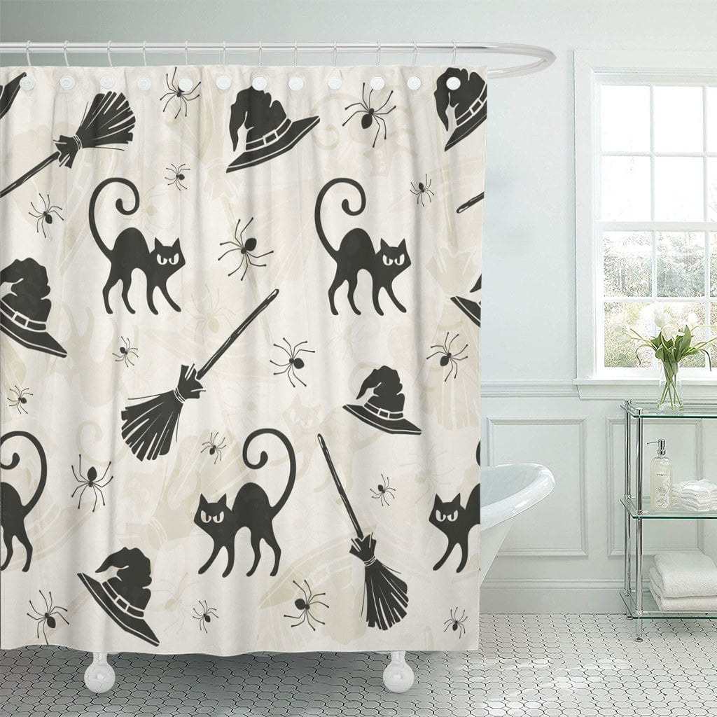 Halloween Bathroom Decor Witch Hat Cat Watercolor Extra Long Shower Curtain Hook 