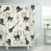 PKNMT Pattern Halloween Cats Brooms and Witch Hats Silhouette Black Shower Curtain 60x72 inches