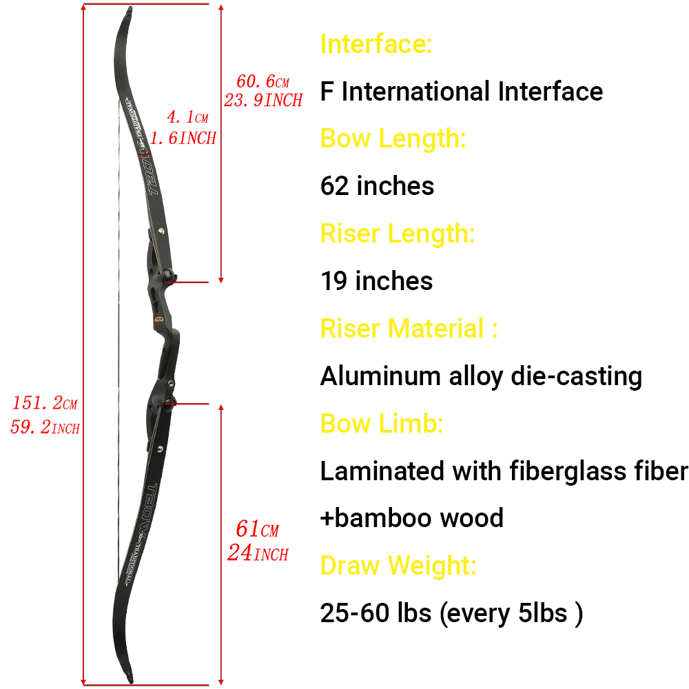SHARROW 62" Archery Recurve Bow 25-60lb Bamboo F Interface Adults Outdoor Hunting Target