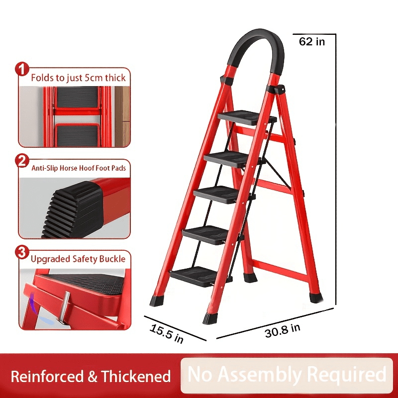 Heavy-duty 2/3/4/5-step folding ladder, 500-pound high-load capacity telescopic portable foldable ladder withsafety handrails, anti-tip stool-style design, sturdy and durable, suitable for home use