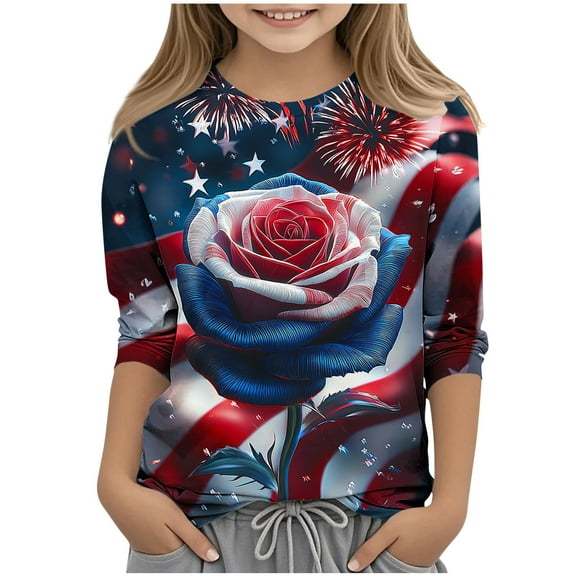 Taqqpue 4th of July Shirt for Girls and Boys American Flag T-Shirts for Kids Toddler Cotton Summer 3/4 Sleeve Crewneck Tops Patriotic Tee Tops Kids Independence Day Outfit 1-13 Years