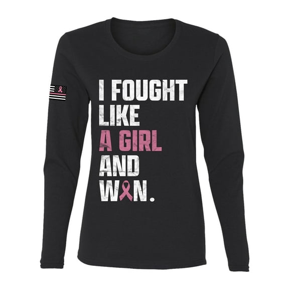 Wild Bobby I Fought Like A Girl and Won US Flag Breast Cancer Awareness Women Graphic Long Sleeve Tee, Black, Small