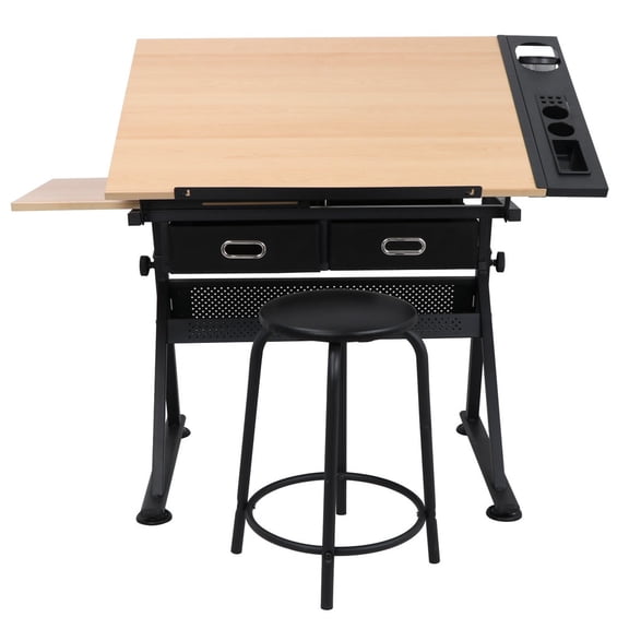 WSSYzyzf Drafting Desk Drawing Table, 9-Level Adjustable Angle Art & Crafts Table with Stool