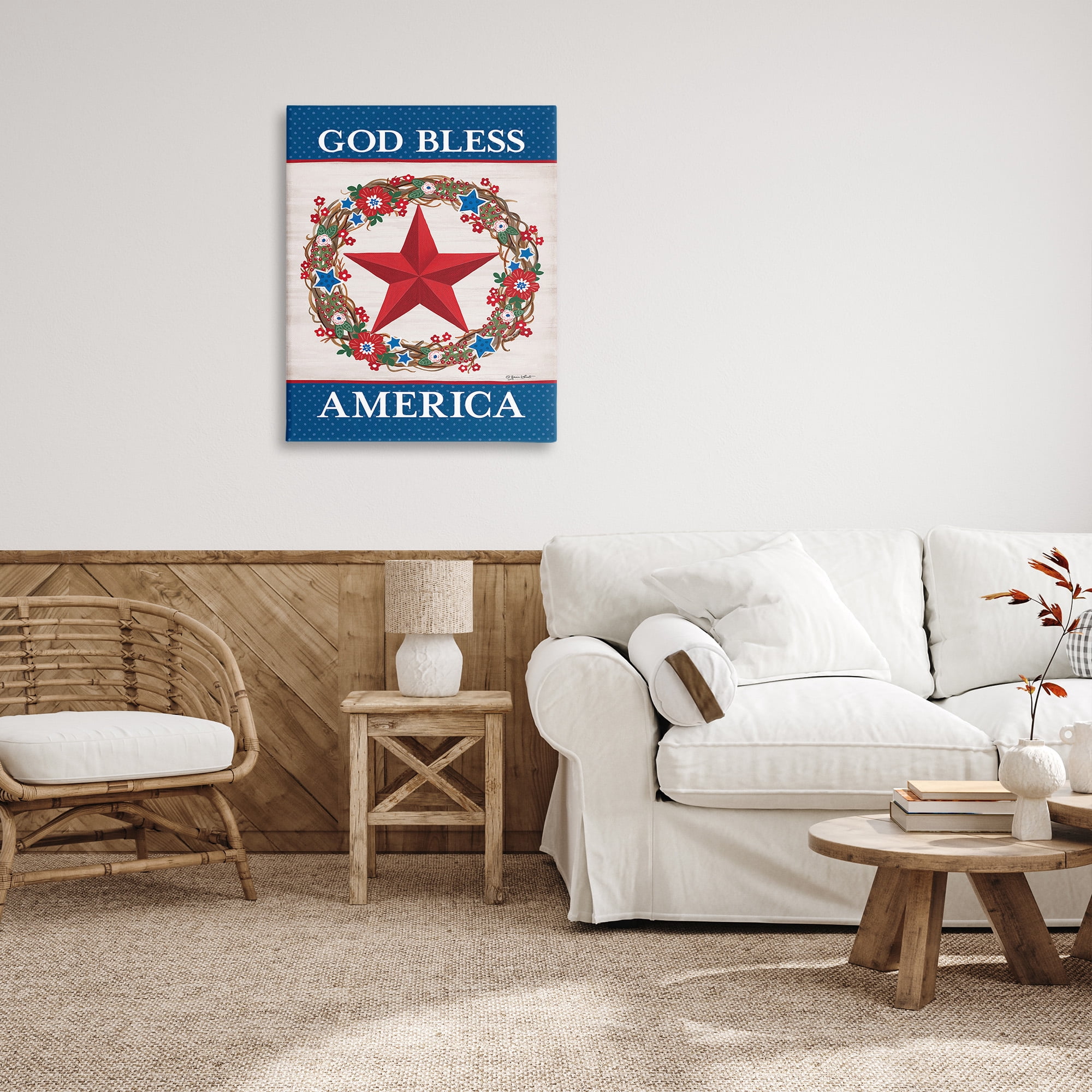 Stupell Industries God Bless America Wreath Botanical & Floral Painting Gallery Wrapped Canvas Art Print Wall Art, 30 x 40