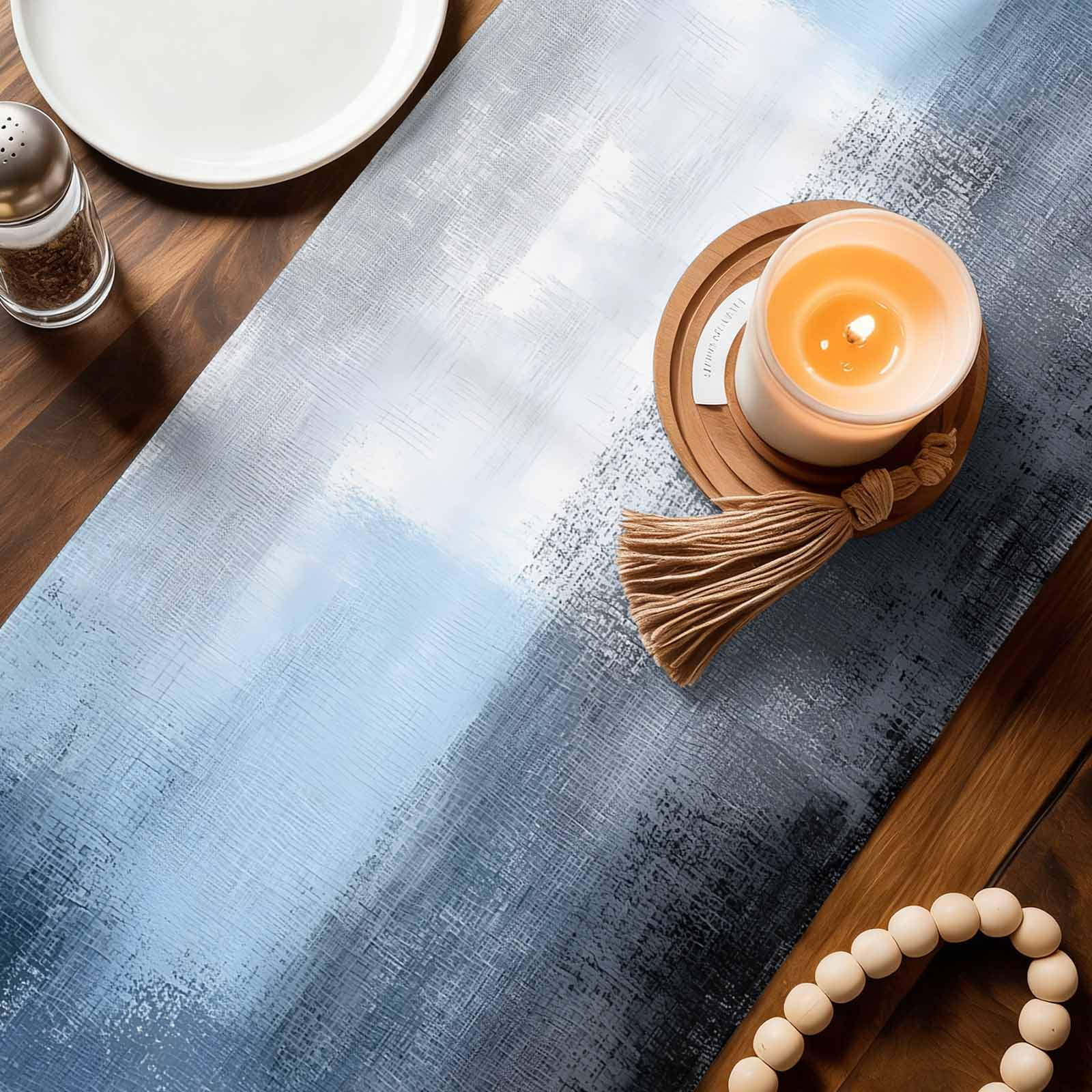 Blue Grey Table Runner, Modern Oil Painted Art Abstract Geometric Washable Cotton Linen Table Runners 90 Inches Long, Dresser Scarf Runner for Dining/Coffee/Kitchen/Hallway Tables 13''x90''