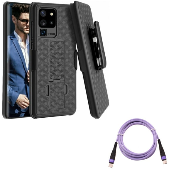 Case Belt Clip w Purple 6ft PD Cable for Samsung Galaxy S20 Ultra - Holster Swivel Cover, Type-C to USB-C Long Charger Cord Power fits Samsung Galaxy S20 Ultra
