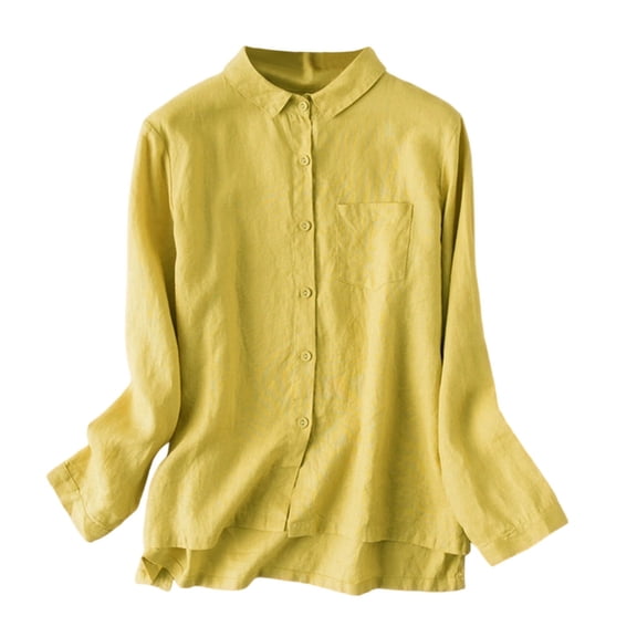 XPMWRP Womens Linen Blend Button Down Shirt Collared Long Sleeve Blouse Casual Loose Fit with Chest Pocket Yellow L