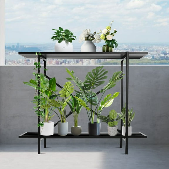 2-Tier Plant Stand, Modern Black Metal Plant Stand, Iron Plant Rack for Small Space 35*8.6*28in X-shape