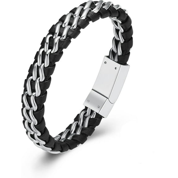 Bracelet for Mens Double-Band Black Braided Leather Bangle Bracelets Jewelry For Wristband Memorial Bangle