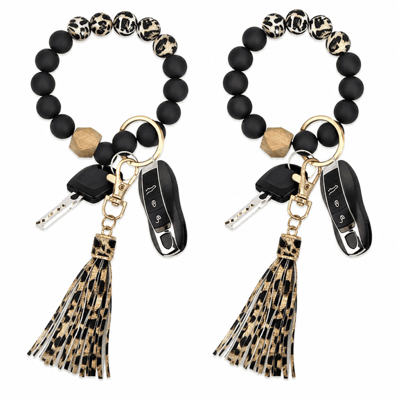 Keychain Wristlet Silicone Beaded Bracelet for Women Car Key Ring Bangle Holder with Wood Cube and Tassel Soft Elastic Hand Wrist Keychains, 2-Pack