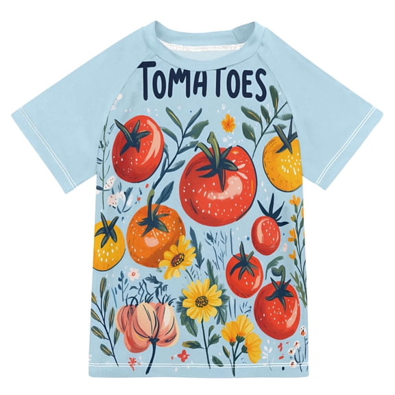 FORMRS Boys Rash Guard Short Sleeves Swim Shirt Quick Dry UPF 50 Sun Protection, Sizes 3-12T, Yellow Floral Tomatoes