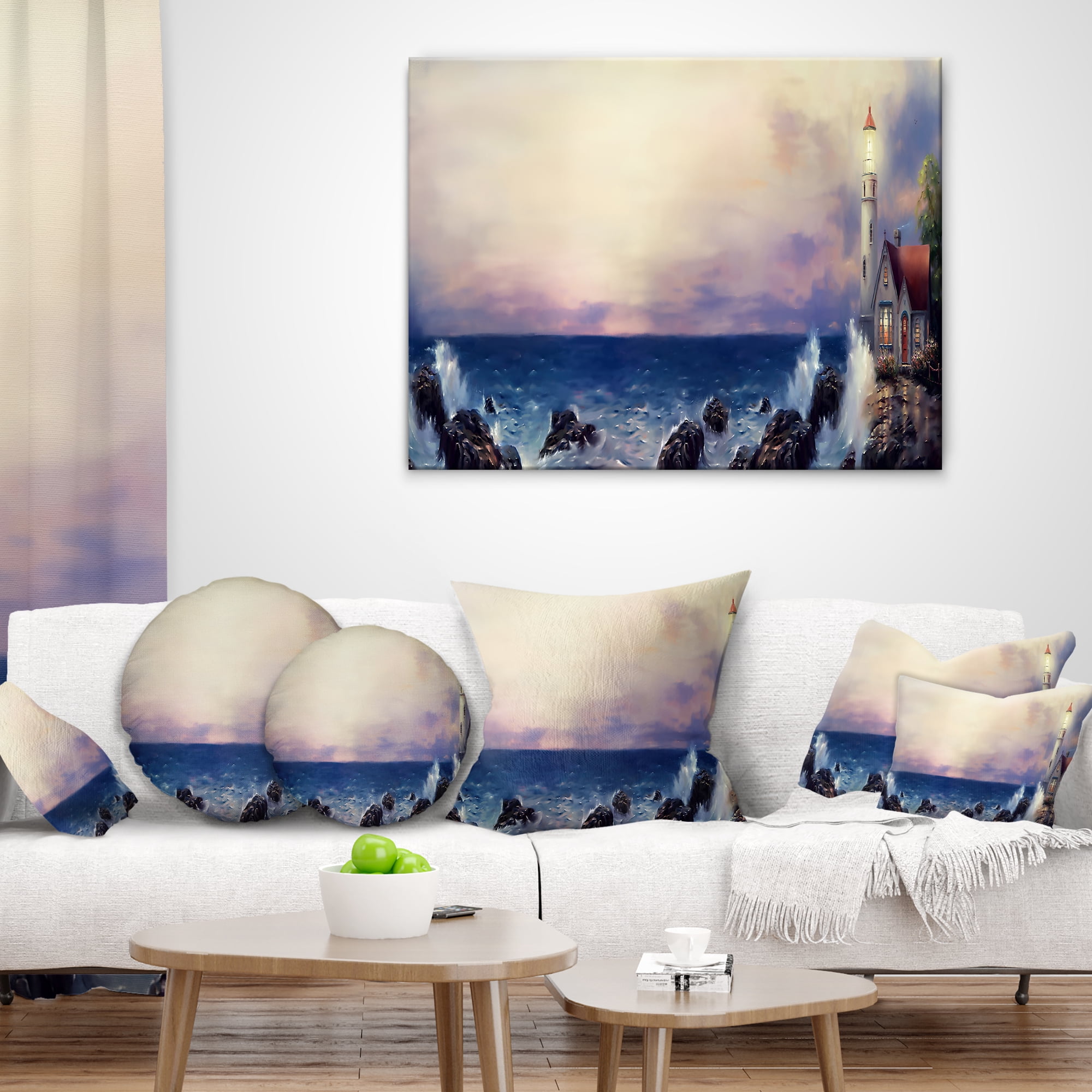 Designart Lighthouse Sea Panoramic - Landscape Printed Throw Pillow - 16x16