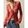 thumbnail image 4 of Women'S Long Sleeve Shirts Boho Floral Print Blouses Button Down V Neck Fitted Tops Red XL, 4 of 8