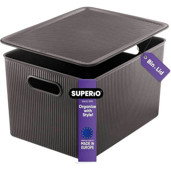 Superio 22L Large Brown Ribbed Storage Bin with Lid, Plastic Storage Bin