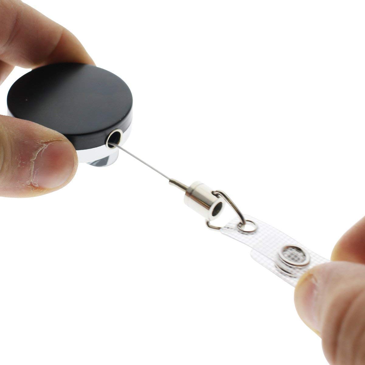 Bulk 25 Pack - Heavy Duty Badge Reel with Metal Cord and Belt Clip - All Metal Retractable I'd, Key Holder with Steel Wire Cable - Black & Chrome Finish by Specialist ID (Black/Silver)