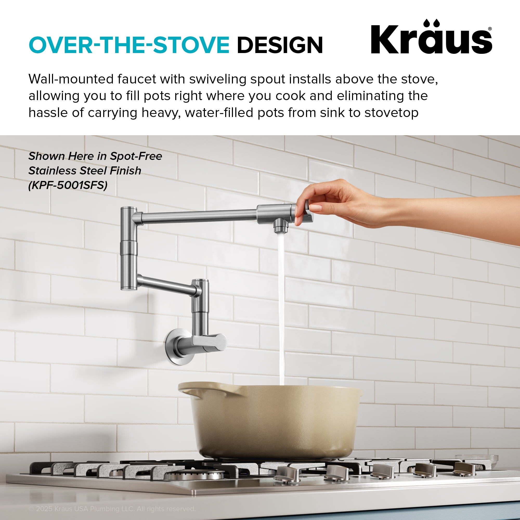 KRAUS® Oletto™ Wall Mount Pot Filler Kitchen Faucet with Retractable Arm in Matte Black