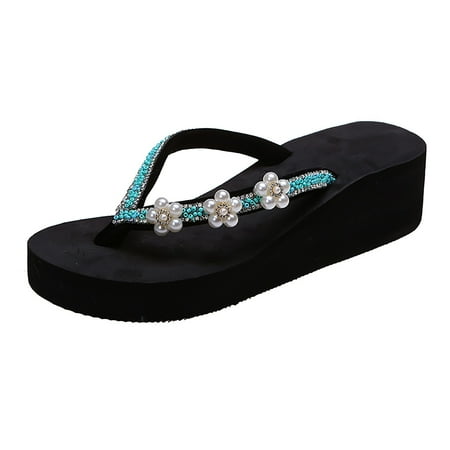 

ZTTD Ladies Fashion Summer Flip Flops Casual Rhinestone Flowers Thick Sole Sandals