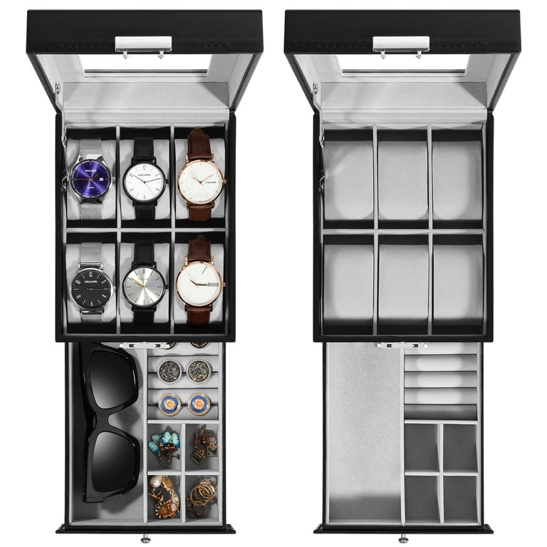 Watch & Jewelry Case With Lock And See Through Top 24 Slot Wooden Watch Box Display Case Glass Top Jewelry  main image 4