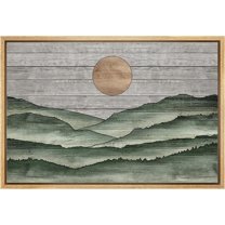 PixonSign Framed Canvas Print Wall Art Sage Green Mountain Range Nature Wilderness Woodblock Illustrations Decorative Multicolor Landscape Wood Panels Country/Farmhouse - 16"x24" Natural