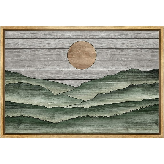 PixonSign Framed Canvas Print Wall Art Sage Green Mountain Range Nature Wilderness Woodblock Illustrations Decorative Multicolor Landscape Wood Panels Country/Farmhouse - 16"x24" Natural