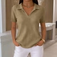 thumbnail image 2 of Women’s Fashion Solid Waffle Knit Short Sleeve Top with Vintage Lapel Collar for Spring and Summer Daily Wear Camel L, 2 of 4