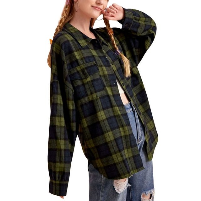 Women Plaid Flannel Shirt Jacket Button Down Lapel Long Sleeve Shirts Blouse Shacket Cardigan Coats Fall Spring Clothes