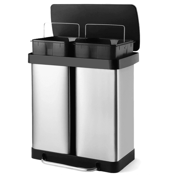 TLSUNNY 16 Gallon Dual Compartments Step Trash Can, Stainless Steel Kitchen Garbage Can Classified Recycling Bin, for Home, Office