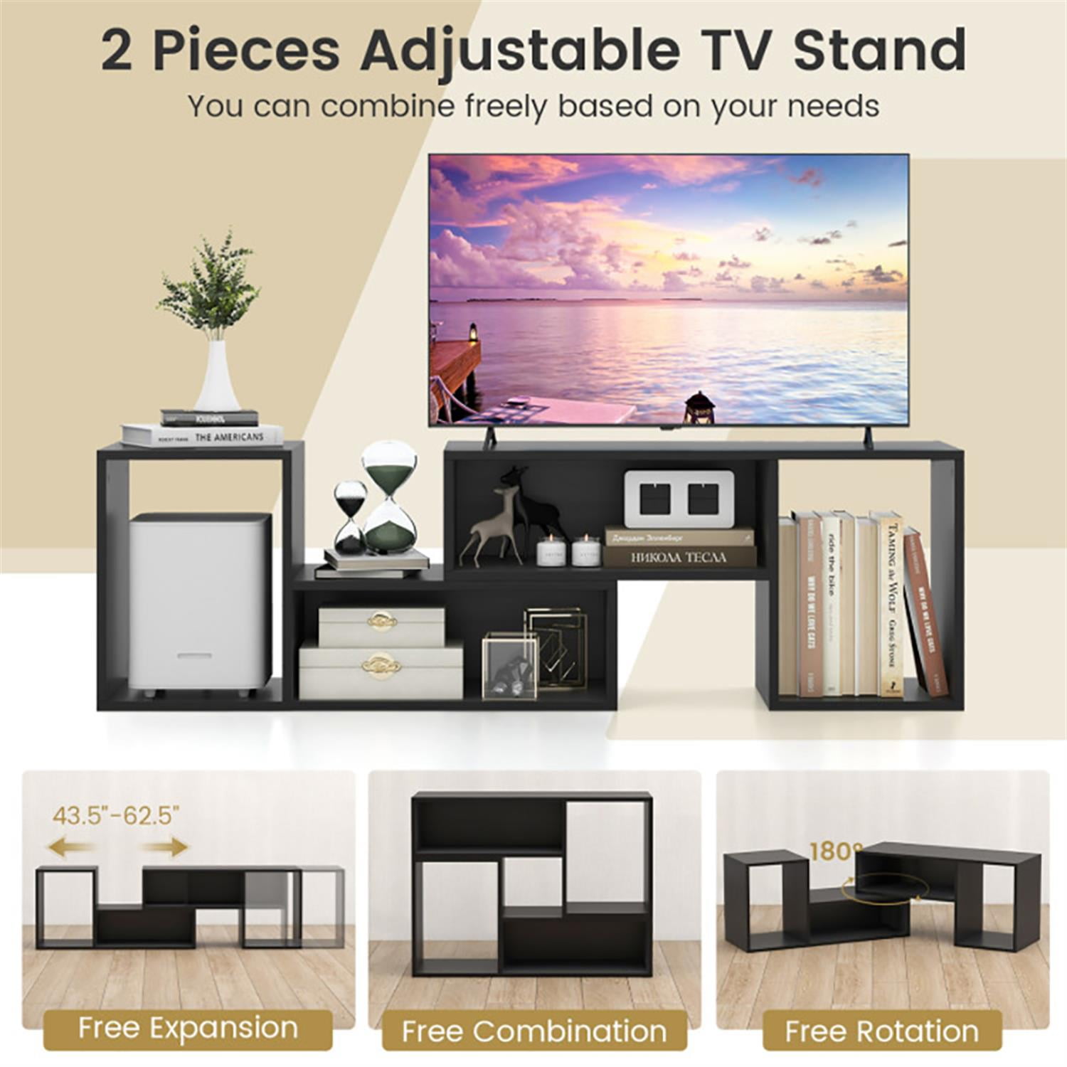 Demi Bonn 2 Pieces Adjustable TV Stand for 55" TVs, Entertainment Center with Storage Cubes, Modern Media TV Console Table for Living Room Bedroom, Black