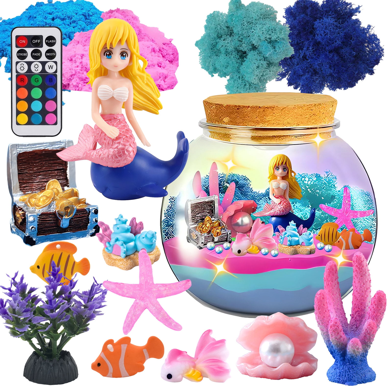 Mermaid Terrarium Craft Kit for Kids, 13 Colors LED Night Light with Remote, Creative Birthday Gift for Girls Age 3-12, DIY Your Own Ocean Theme Decor