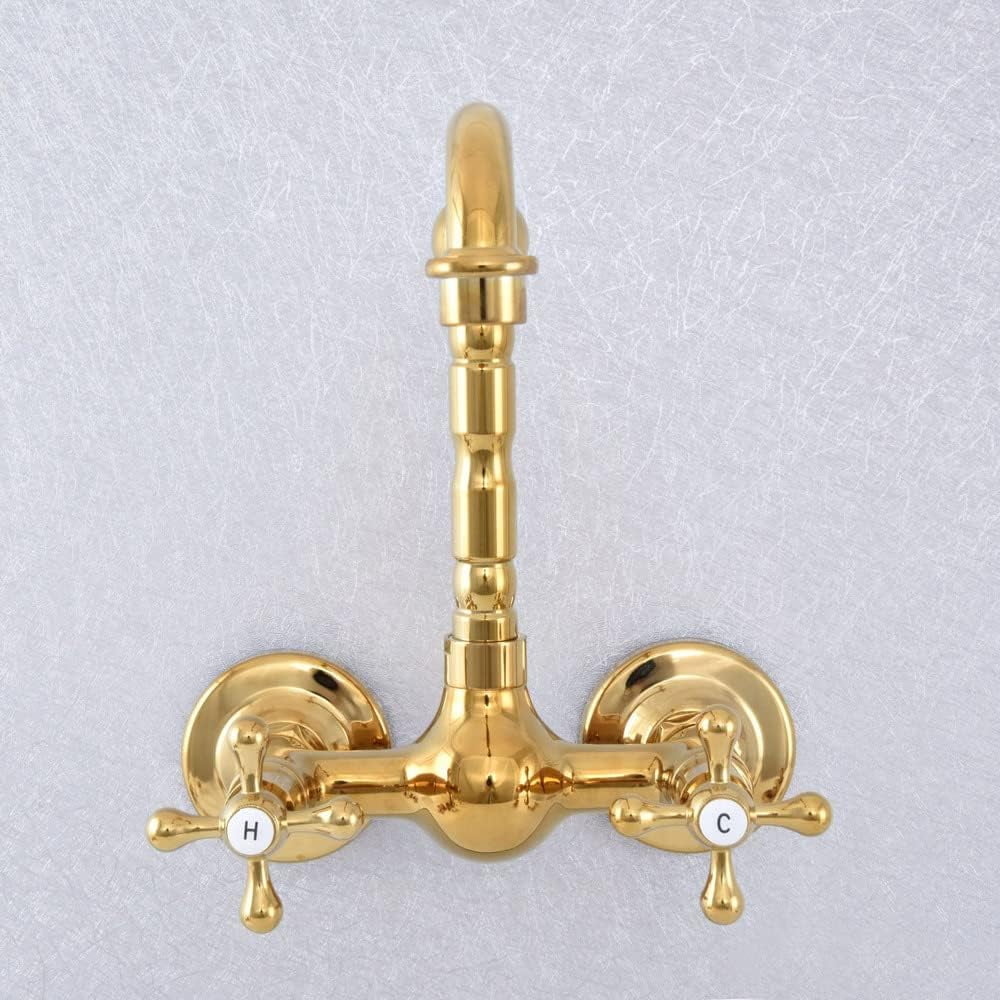 Bathroom Sink Faucet, Kitchen Faucets Gold Polished Brass Wall Mounted Kitchen Bathroom Sink Faucet Dual Handle Swivel Spout Hot Cold Water Tap