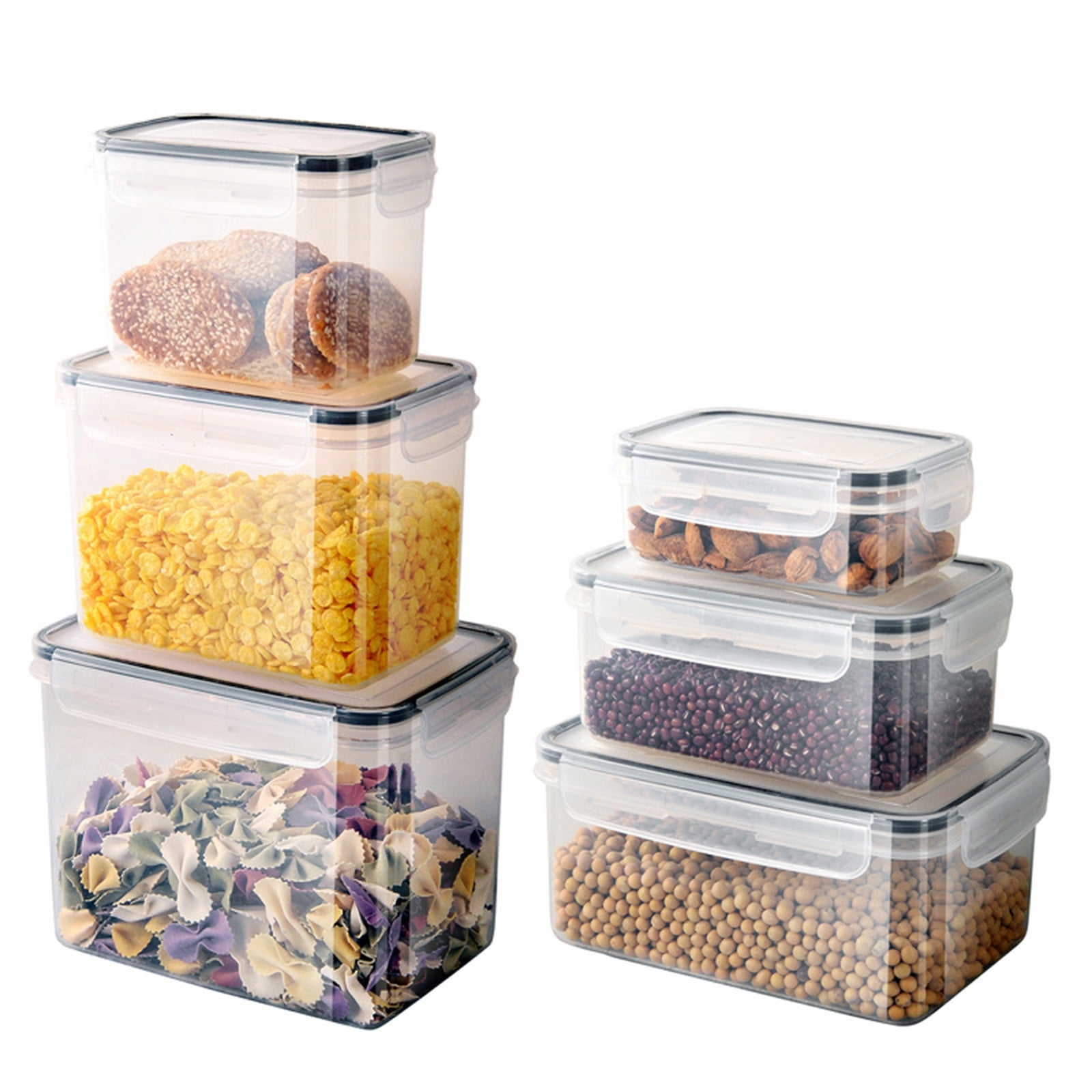 Vacemry under $5 Kitchen Storage Container, 6-Piece Plastic Pantry Organizer Set, Airtight Food Storage Bins for Grains Flour Snacks, Clear Stackable Canisters with Easy Lock Lids