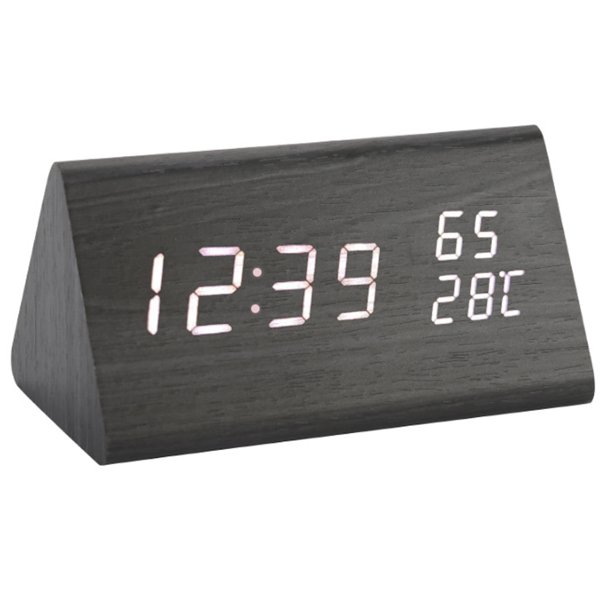 Reloj de madera triangular con control de voz creativo, pantalla digital, alarma de temperatura y humedad.