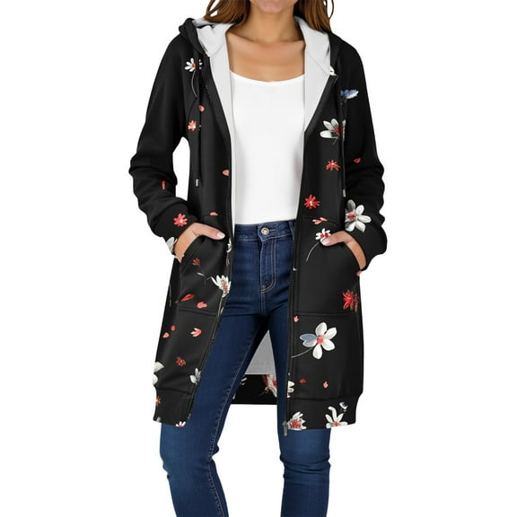Women Hoodie Jacket Long Coat Floral Print Zip Up Hooded Cardigan Winter Warm Casual Outerwear with Pockets