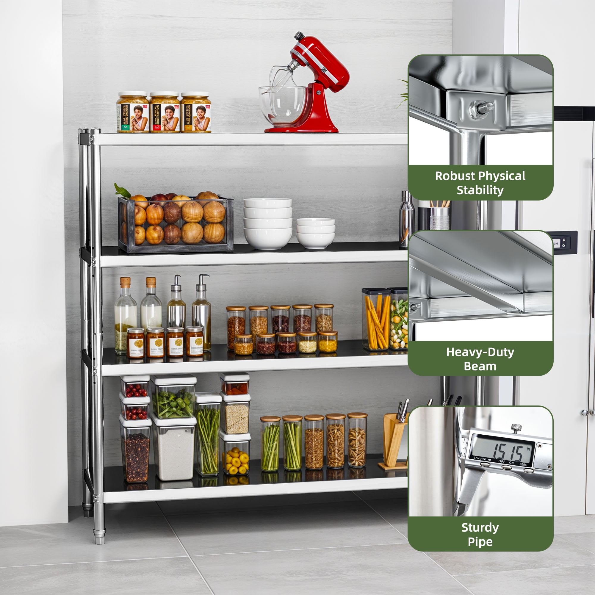 Uforic 4-Tier Stainless Steel Industrial Kitchen Shelves, 60 x 18 x 60 Inch, Adjustable Height, Heavy-Duty Metal Storage for Kitchen, Restaurant, Garage