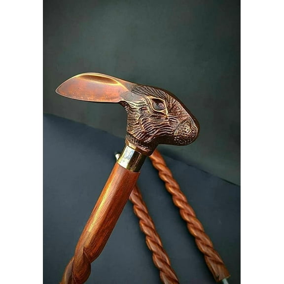 Brass Rabbit Head Handle Victorian Wooden Walking Stick Cane Ideal Vintage Gift for Men Women Father/Mother Natural Wood Walking Cane., 36 inch Approx