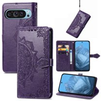 Mandala Case for Google Pixel 9 Pro XL, Premium Leather Flip RFID Blocking Wallet Card Magnetic Stand Protective Slim Shockproof Case with Lanyard, Embossed Flower Cover,Purple