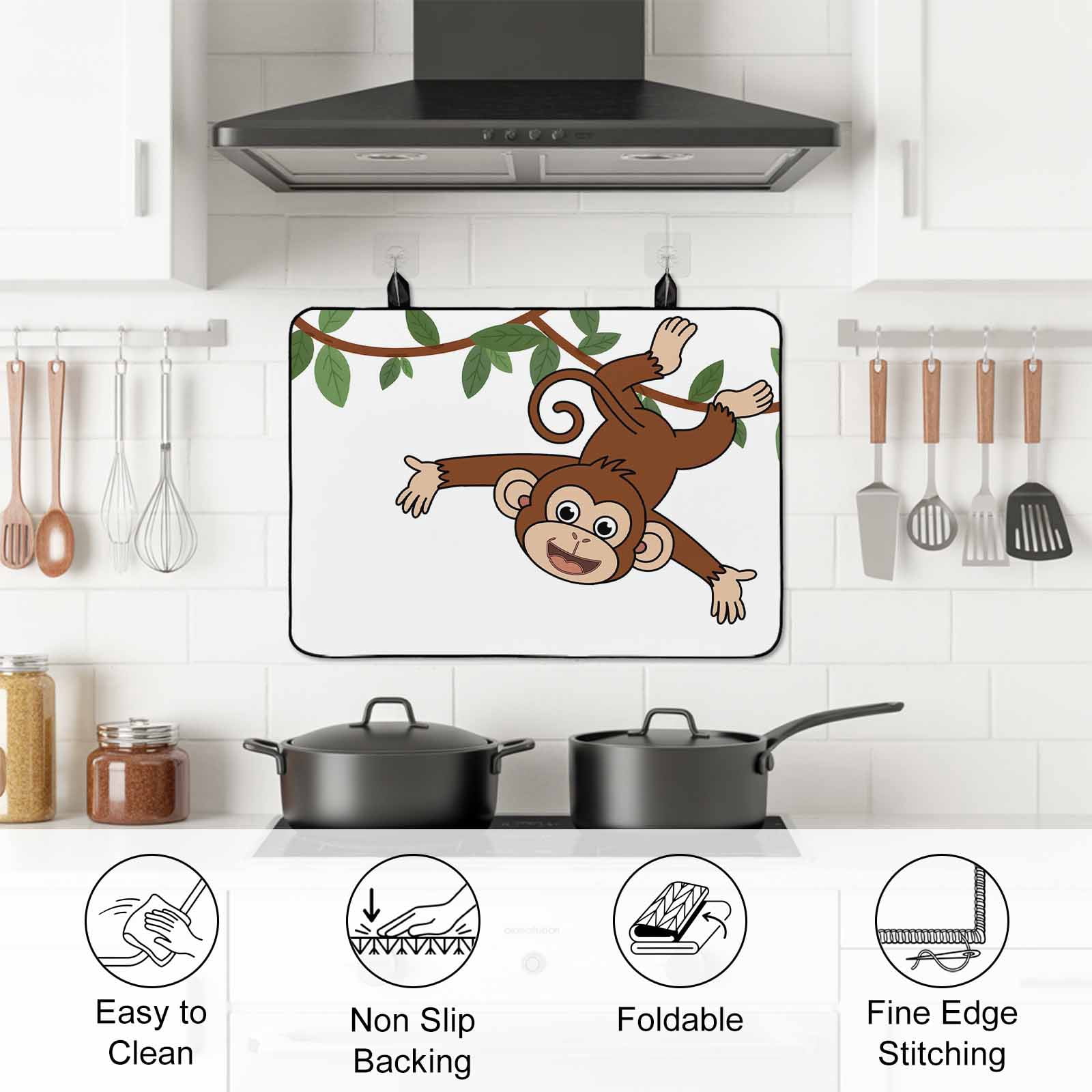 Brown Cute Monkey Stove Top Cover for Electric Stove, Heat-proof & Non Slip Glass Top Stove Cover Protector, Playing Funny Animal on Branch Kitchen Flat Cooktop Rubber Mat 24x21 Inches