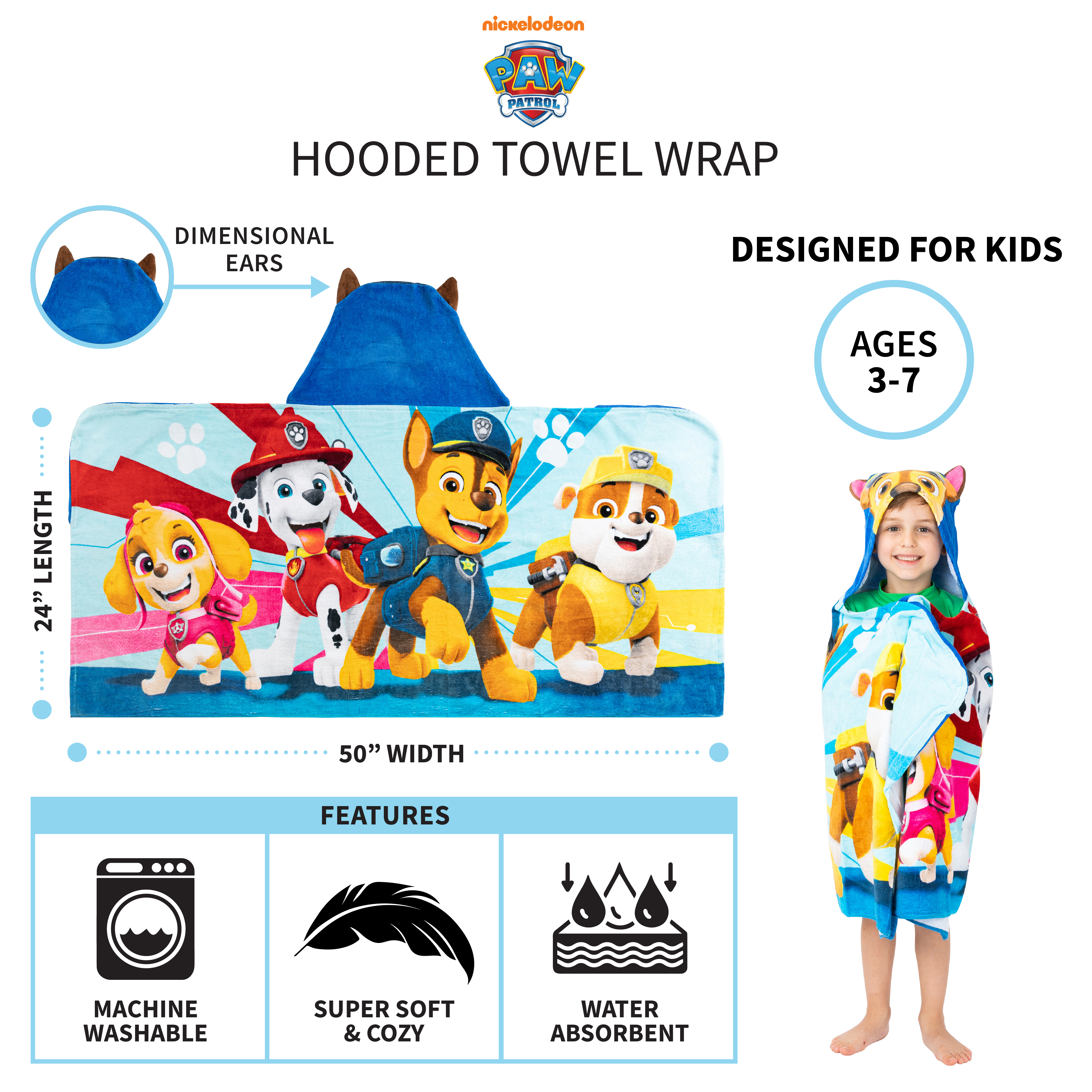 Paw Patrol Chase Kids Cotton Hooded Towel - image 4 of 6